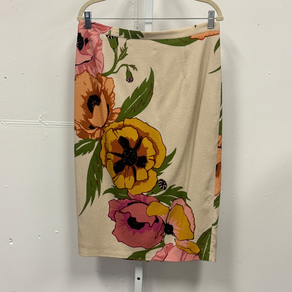 Tracy Reese Floral Poppy Print Pencil Skirt Cream Pink Yellow Sz 12 Knee Length